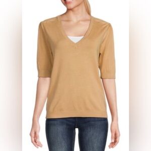 EUC Ellen Tracy Faux Leather shoulder Trim Tan V-Neck Sweater - Sz M